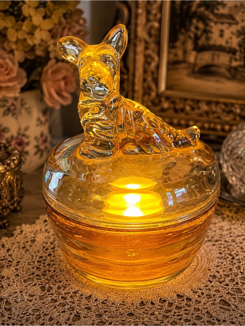 Vintage Carnival Glass Scotty Dog Powder Box Styled as a Fairy Lamp